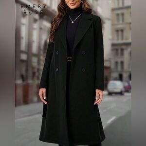EMERY ROSE Women's Lapel Collar Double-breasted Woolen Coat